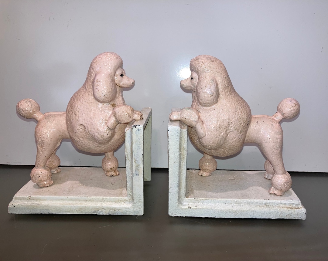 Pair of Vintage Pink Poodle Bookends, Cast Iron Pink Poodle Figures