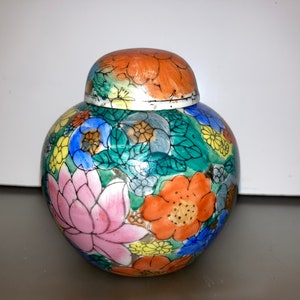 Vintage Ginger Jar with Lid, Vintage Lidded Millifori Ginger Jar, Vintage Painted 4&quot; Ginger Jar China, Floral Painted Ginger Jar China,Good