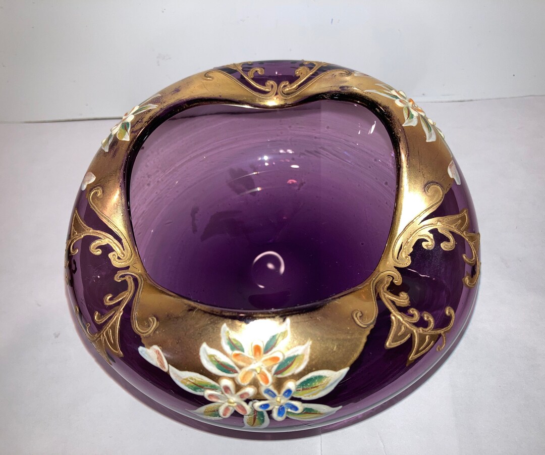 Vintage Bohemian Glass Ashtray Bohemian Purple Painted Bowl Etsy