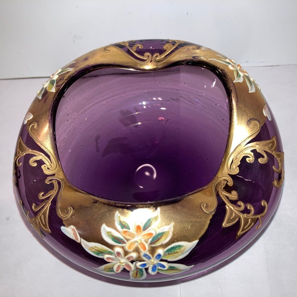 Vintage Bohemian Glass Ashtray, Bohemian Purple Painted Bowl, Bohemian Hand Painted Gold Flowers, Czech Purple Glass Ashtray, Mint