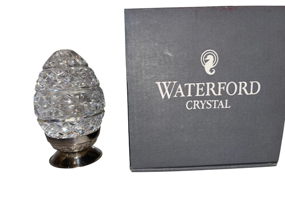 Waterford 1990 Crystal Egg on Stand, Signed Waterford Crystal Paper Weight, Waterford 1990 Egg, Clear Crystal 4" Egg Paper Weight, in Box