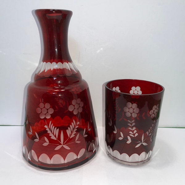 Vintage Bohemian Red Tumbler Carafe, Bohemian Cut to Clear Red Bedside Decanter, Czech Glass Etched Floral Bedside Decanter, Mint