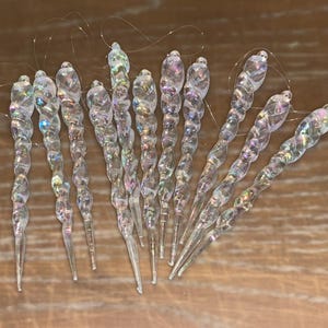11 Vintage Icicle Christmas Ornaments, Shatterproof 5&quot; Iridescent Icicle Ornaments, 11 Clear Glitter Twisted Icicle Ornaments