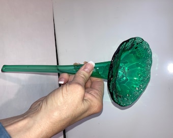 Vintage Glass 10" Flower Stem, Hand Blown Green Glass Flower Vessel, Art Glass Green Glass Flower, Good
