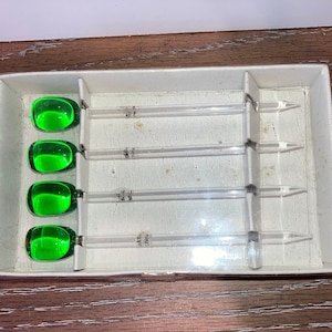 4 Vintage Glass Olive Appetizer Picks, Bar Ware, Green Olive Drink Sticks, Glass Swizzle Sticks, Fancy Bar Martini Olive Picks, in box
