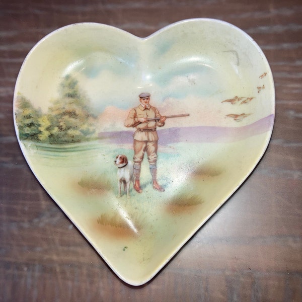 Antique Royal Bayreuth Heart Shaped Trinket, Bavaria Painted 4 1/2" Heart Dish, Royal Bayreuth Hunting Scene Trinket, Royal Bayreuth Hunter