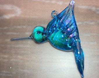 Vintage Blown Glass Aqua Hummingbird, Iridescent Light Blue Hummingbird, Blown Glass Hummingbird, Carnival Glass Hummingbird Ron Ray