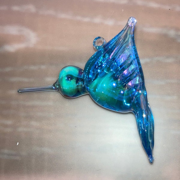 Vintage Blown Glass Aqua Hummingbird, Iridescent Light Blue Hummingbird, Blown Glass Hummingbird, Carnival Glass Hummingbird Ron Ray