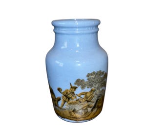 Antyczny niebieski ceramiczny słoik, niebieski angielski słoik ze sceną polowania, antyczny niebieski Prattware ze sceną polowania, angielska ceramika, 4-calowe psy ze sceną polowania, CZYTAJ
