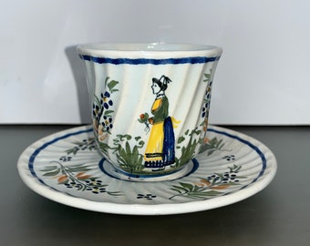 Vintage Henriot Quimper Breton Woman Cup and Saucer, French Quimper Demitasse, Quimper Breton Woman Demitasse, Quimper 426, Old