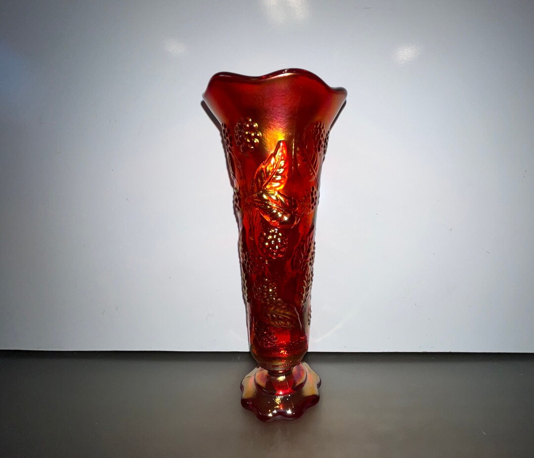Fenton Raspberry Ruby Carnival Glass Vase, Fenton 7 1/2 Raspberry Vase ...