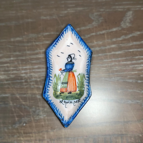 Vintage Quimper Peasant Woman Trinket, French Quimper Breton Woman Trinket, HenRiot Quimper Diamond Shape Dish, Mint