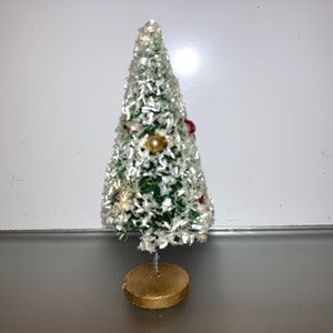 Vintage Japan 4&quot; Bottle Brush Tree, Mid Century Green Bottle Brush Tree Chunky White Glitter, Christmas Tree Mercury Ball Tree