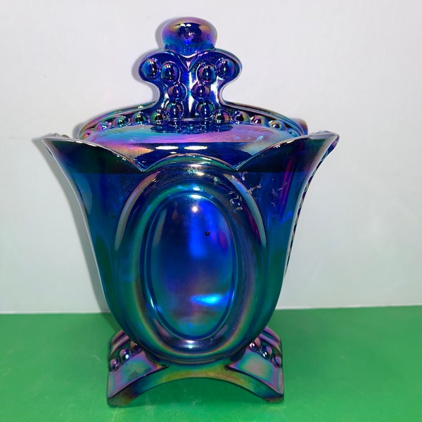 Vintage LE Smith Carnival Glass Candy, LE Smith Lidded Candy Dish, Blue Purple Carnival Glass Beaded Cameo, Ornate Carnival Glass, Mint