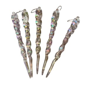 5 Vintage Icicle Christmas Ornaments, Shatterproof 5&quot; Iridescent Icicle Ornaments, 5 Clear Twisted Icicle Ornaments