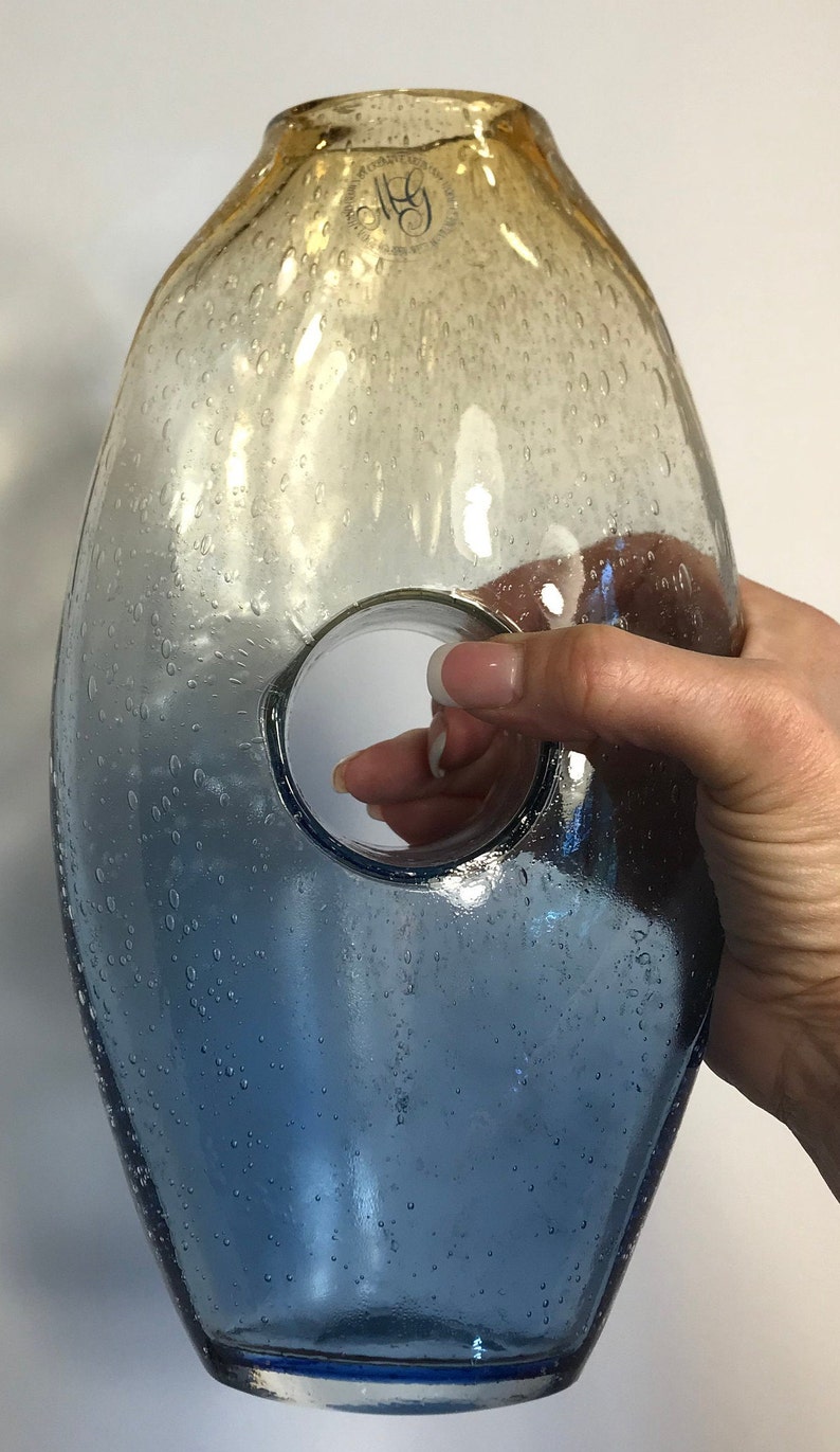 Pair of Vintage Hand Blown Donut Hole Vases Art Glass Seeded Etsy