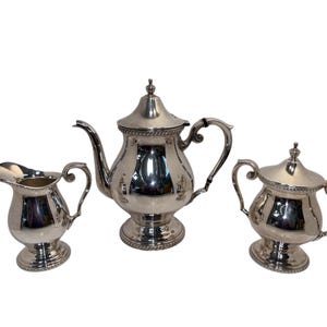 3 pcs EPC Vintage Tea Set, Braided Trim Silverplate Tea Set, Silver Tea Pot, Silver Cream Pitcher, Silver Lidded Sugar, EPC 562 Tea Set