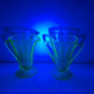 Vintage Anchor Hocking Block Cream Sugar, Uranium Glass Cream Pitcher, Vintage Uranium Glass Open Sugar, Block Uranium 4&quot; Cream and Sugar