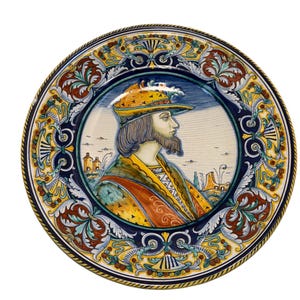 Vintage Deruta Dipinto A Mano Pottery Portrait, Deruta A Niano Wall Plate, Renaissance Majolica 17&quot; Plate Deruta Gino Peccetti Male Portrait