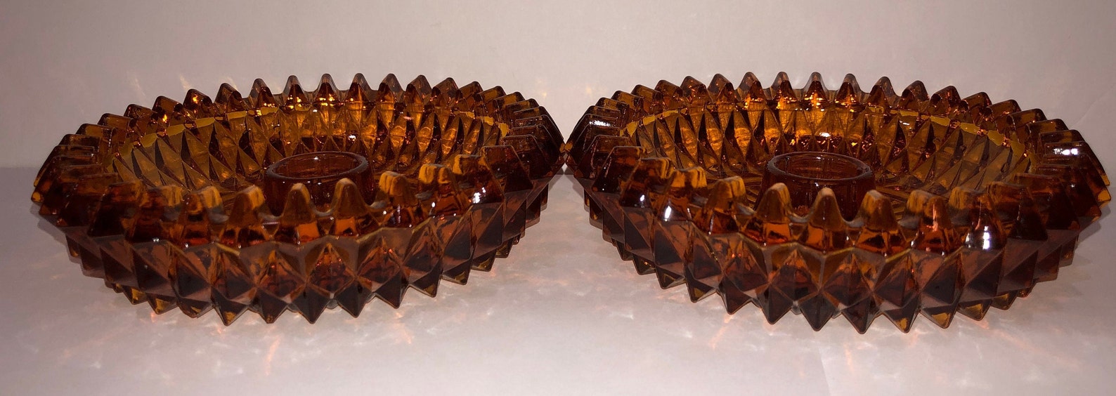 Pair Vintage Indiana Glass Tiara Candle Holders Diamond Point Etsy