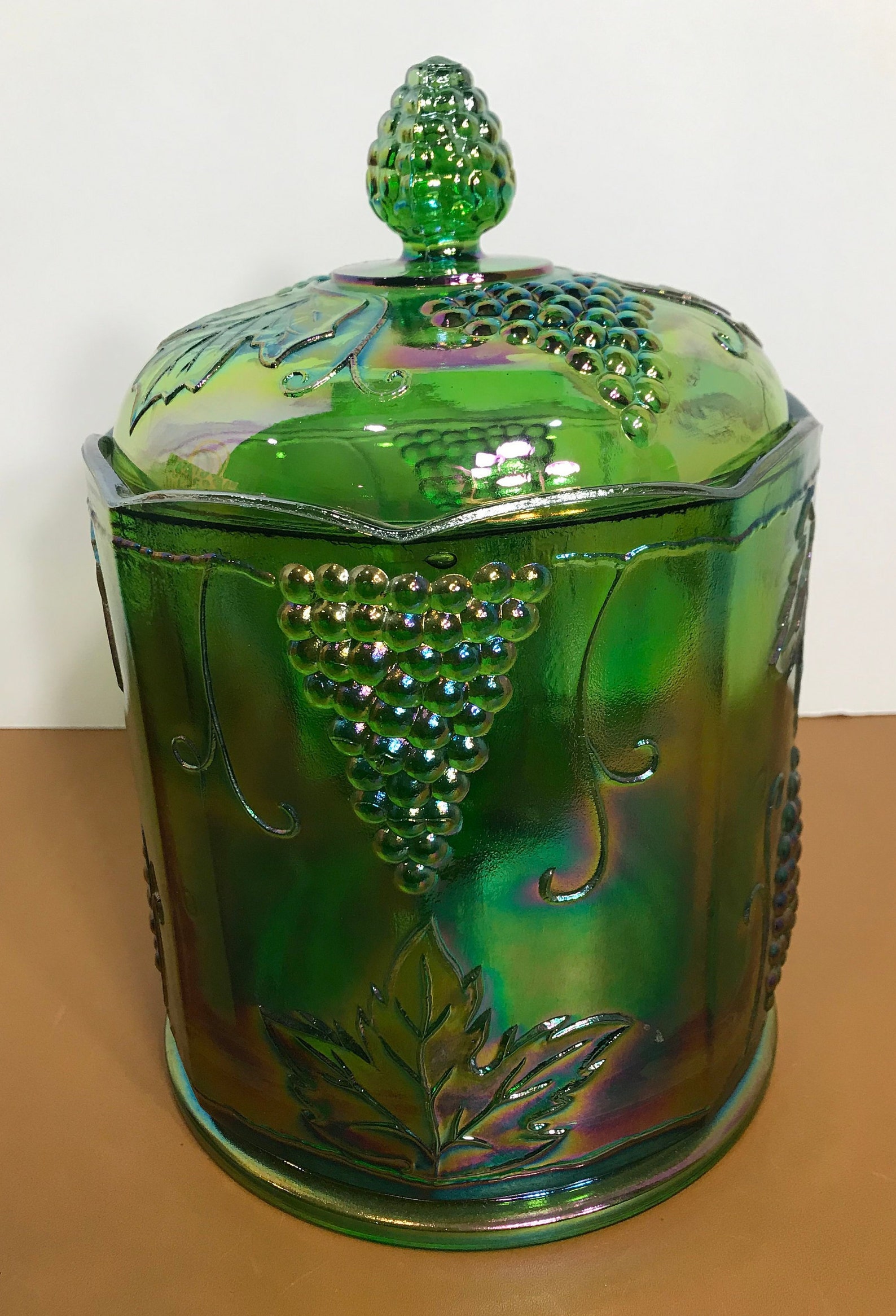 Vintage Indiana Green Carnival Glass Harvest Grape Canister Etsy