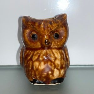 Vintage Ceramic Owl Toothpick, Brown Owl Toothpick Holder, Vintage Owl Decor, 2 1/2&quot; Brown Owl, MCM Owl Trinket, Mint