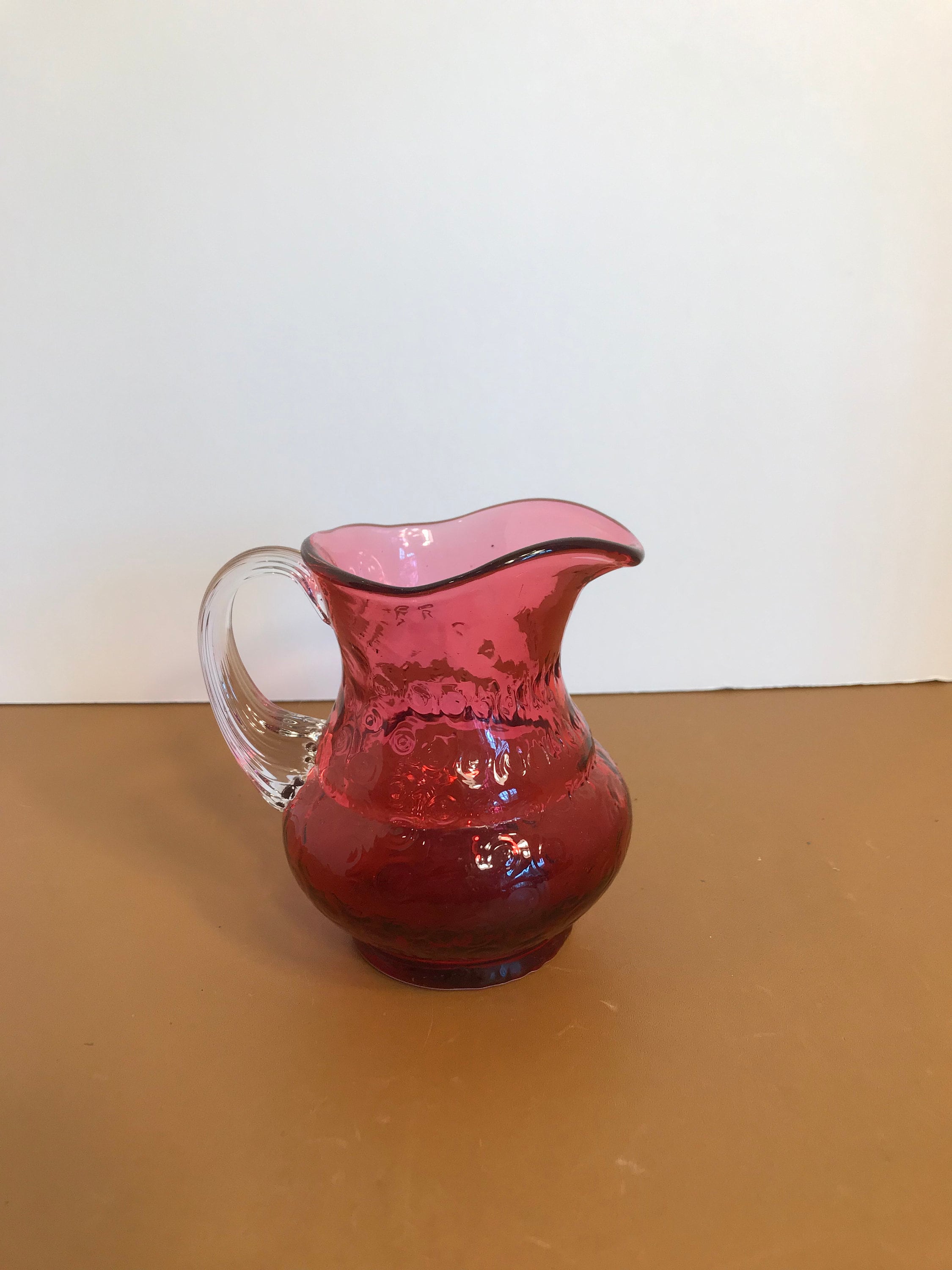 Cranberry Hand Blown Pitcher, Vintage Cranberry Clear Art Glass
