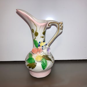 Mid Century Taiwan Vase, Vintage Handled Vase Applied, Vintage Bisque Applied Flowers Cruet, Bisque Applied Flowers Painted Vase, Mint