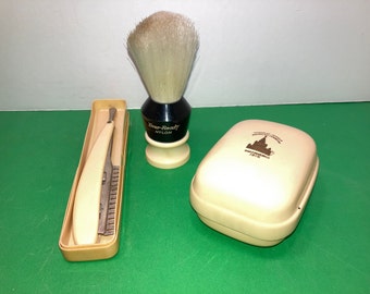 3 pc Vintage Ever Ready Nylon 300 Shaving Brush, Towel of Jewels 1915 San Francisco Soap Box, Durham Duplex Straight Razor in Box