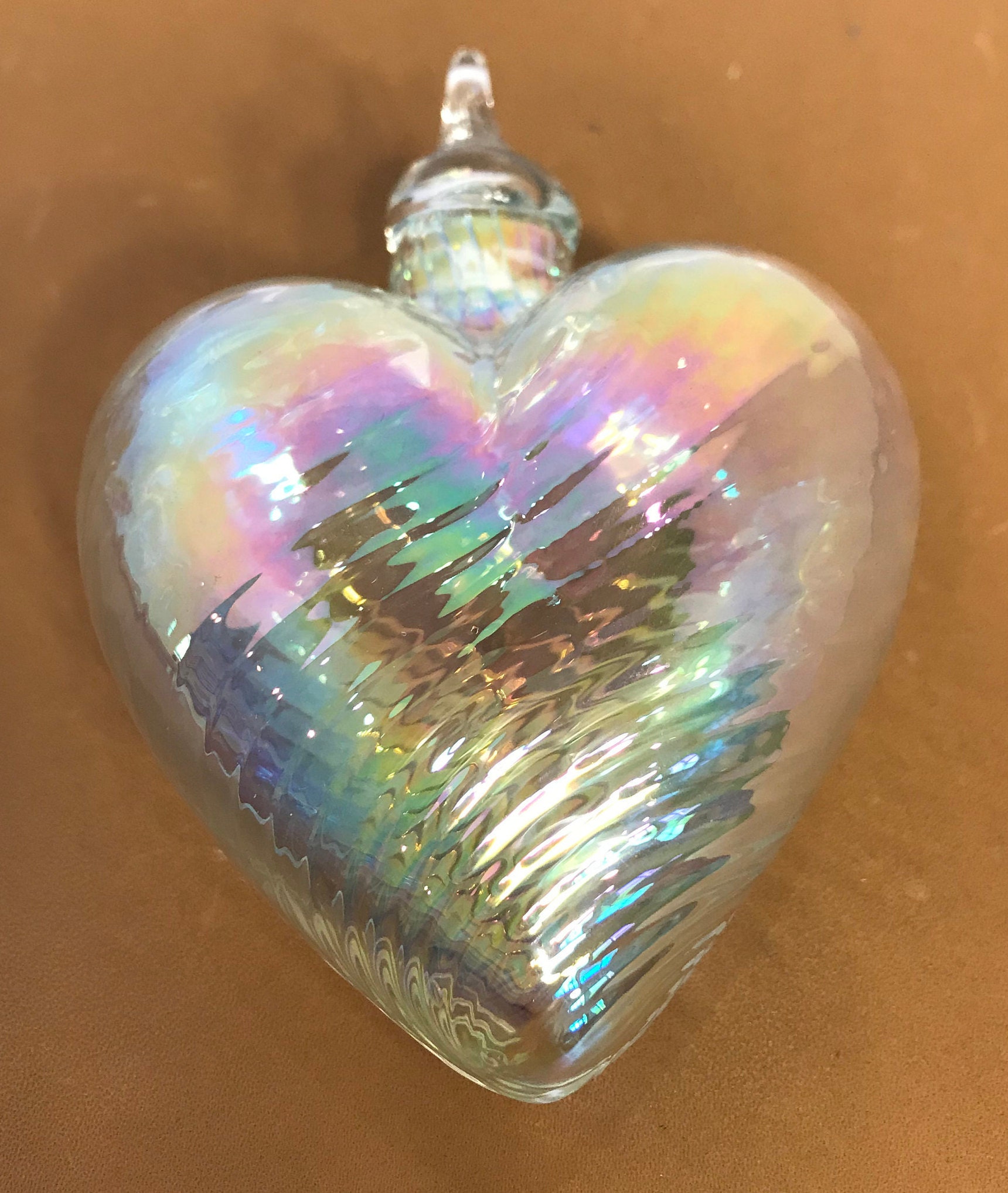 Iridescent Clear Hand Blown Glass Heart Ornament Handmade Art Etsy