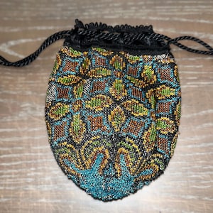 Antique Art Deco Micro Beaded Purse, Antique Black Beaded Purse Silver Frame Purse, Beaded Flapper Purse, 1900 Beaded 5&quot; wide  X 7&quot; tall,old