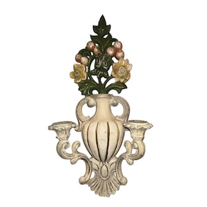 MCM Syroco Candelabra, Syroco Floral Wall Sconce, 1950 Homco 4104 Candelabra, Vintage Whitewashed Candle Wall Decor, Mint