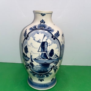 Amsterdam Holland Delfts Blue Water Pitcher, Antique Delft Handled Pitcher, Delft Jug with Handle, Delft Blue 9&quot; Vase, Delft Windmill, READ