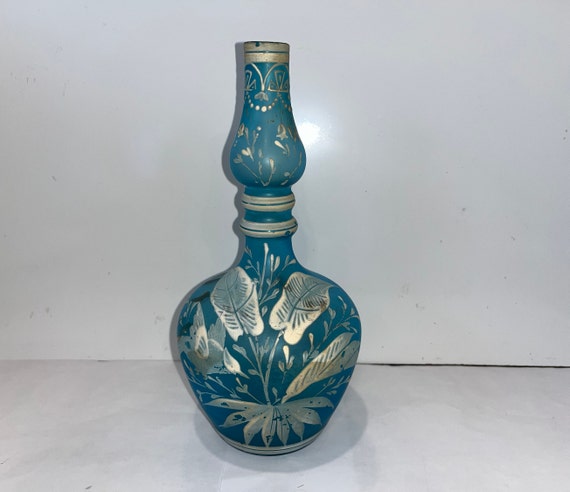 Vintage Satin Blue Painted Vase, Vintage Bulbs Style Satin Blue Bud Vase, Vintage Signed TCAMEO Tulip Vase, 8" Blue Satin Painted Bottle