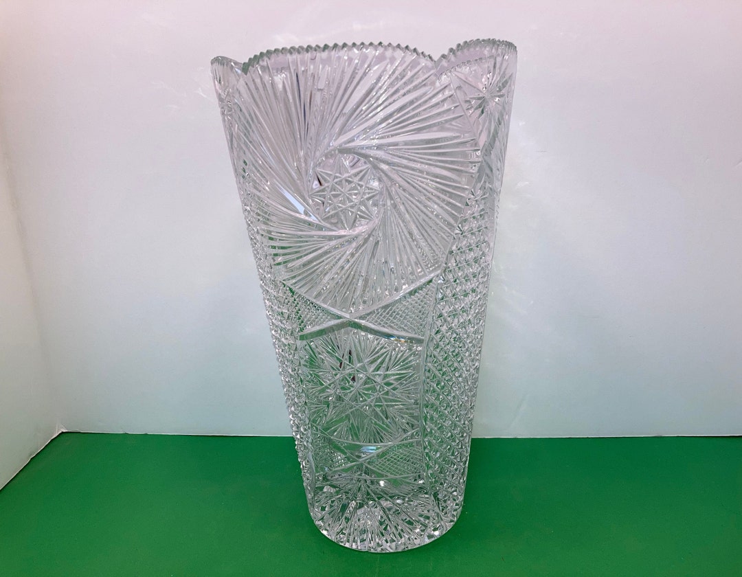 Antique American Brilliant Large Flower Vase, 12 ABP Pinwheel Cut Glass