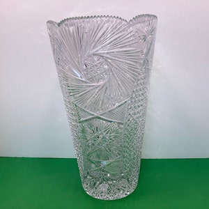 Antique American Brilliant Large Flower Vase, 12&quot; ABP Pinwheel Cut Glass Vase, Antique Diamond Cut Vase, Large Sharp Cut Glass Vase, Good