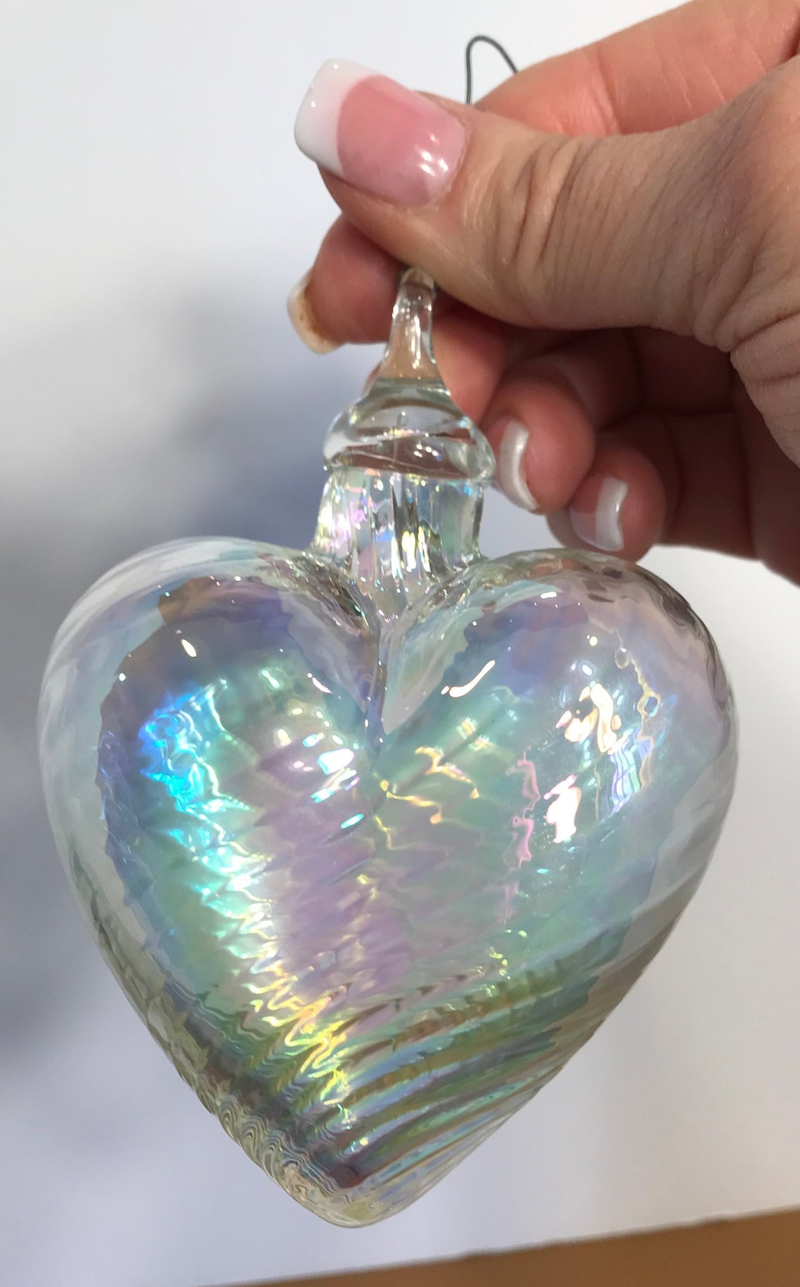 Iridescent Clear Hand Blown Glass Heart Ornament Handmade Art Etsy