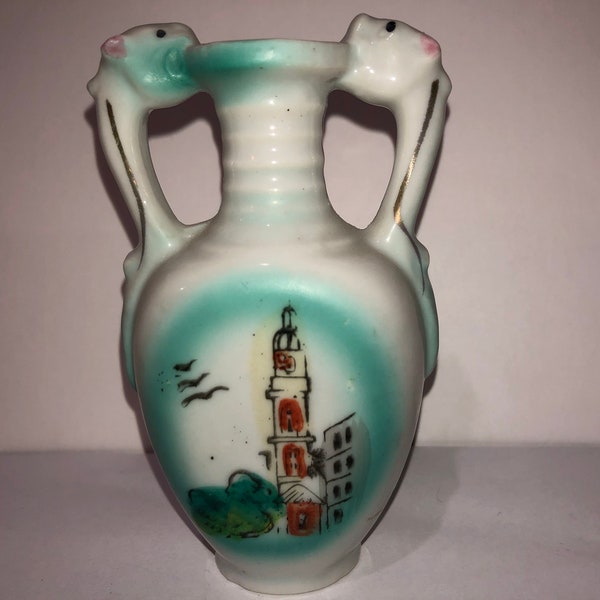 Vintage Japan Painted Vase, Japan Urn Style Vase, Japan Serpent Handled Vase, Antique Vase Japan, Ringed Miniature Urn Style Vase Japan