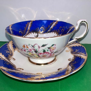 Vintage Paragon Majesty of the Queen Tea Cup, Paragon Royal Blue Floral Tea Cup Her Majesty, Paragon Tea Cup Appointment to Her Majesty