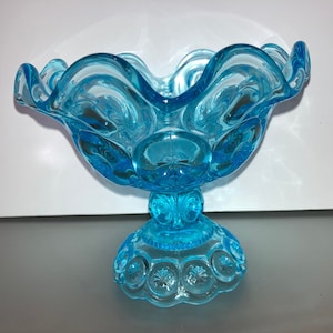 Vintage Depression Glass LE Smith Turquoise Pedestal Bowl, Blue Moon and Stars Pedestal Compote, Aqua Blue Glass 5&quot; Footed Bowl Compote
