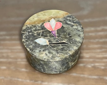 Vintage Carved Stone Box, Stone Round Box, 2 1/2" Marble Floral Inlay Box, Vintage Mother of Pearl  Flower Lidded Trinket Box