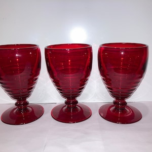3 Vintage Padden City Penny Red Glasses, Ruby Red 5 1/2&quot; Water Goblets, Vintage Padden City Red Stemmed Glasses, Red Bee Hive Glasses, Mint