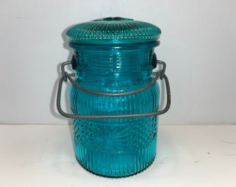Vintage Avon Turquoise Glass Jar, Aqua Blue Glass Mason Jar with Lid, Turquoise Glass Avon Jar, Good