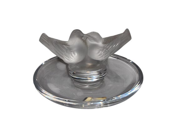 希少‼️Lalique クリスタル皿 女性の顔 鳥 Lalique Love Bird Ring Bowl Dish, Lalique Frosted Birds, Signed