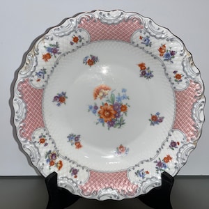 Vintage Schumann Pink Lattice Bowl, 1940 Schumann Dresden Flower geschulpte kom, Schumann Duitse US Zone Pink Lattice 10-inch kom, mint