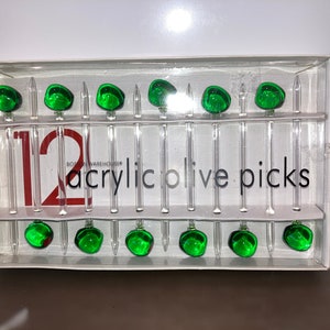 12 Vintage Acrylic Olive Appetizer Picks, Bar Ware, Green Olive Drink Sticks, Glass Swizzle Sticks, Fancy Bar Martini Olive Picks, in box