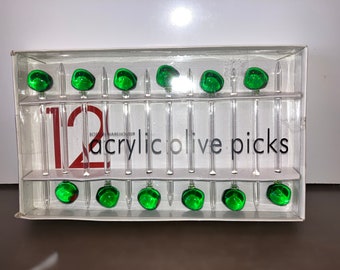 12 Vintage Acrylic Olive Appetizer Picks, Bar Ware, Green Olive Drink Sticks, Glass Swizzle Sticks, Fancy Bar Martini Olive Picks, in box