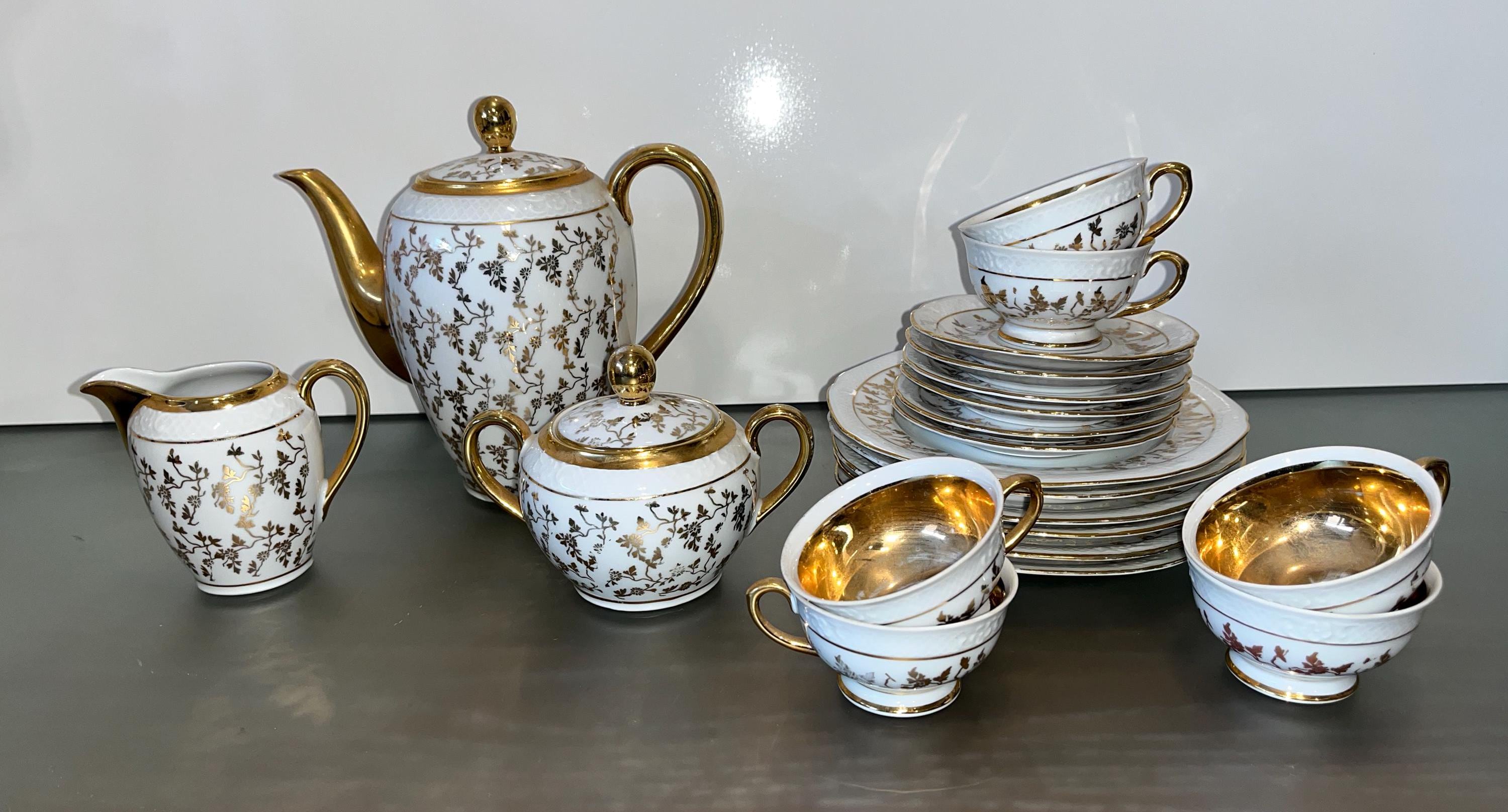 18 Piece PVB Haas Dresden Tea Set, 1954 Dresden Germany White 24kt