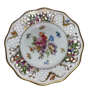 Antiek Schumann Duitsland 6" doorboord bord met bloemen, Schumann Dresden-bord, Schumann-netbord, mintgroen
