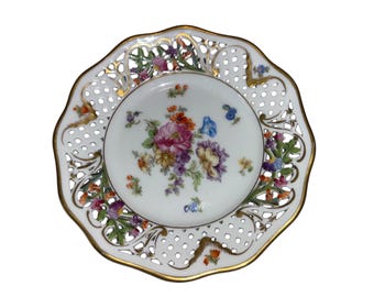 Antique Schumann Germany Floral Pierced 6" Plate, Schumann Dresden Plate, Schumann Reticulated Plate, Mint